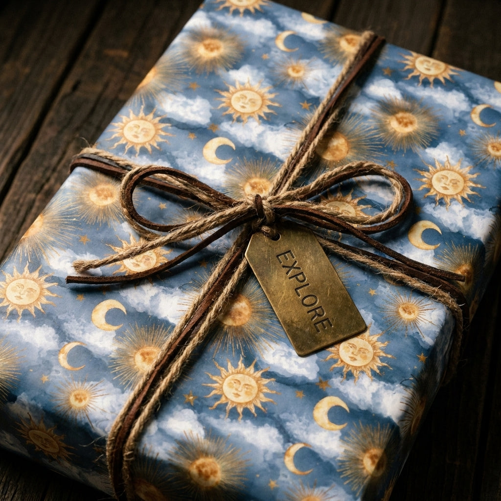 Celestial gift wrap with gold sun and moon pattern, tied with rustic twine, by Wrapped Studios.