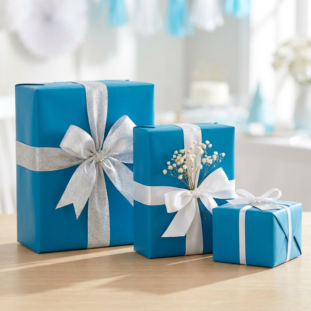 Three wrapped gifts in blue wrapping paper with silver and white ribbons, perfect for baby shower or birthday presents.