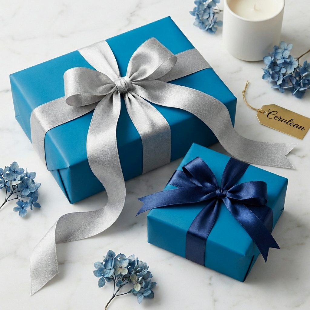 Elegant cerulean blue wrapping paper gifts tied with silver and navy satin ribbons on a marble surface.