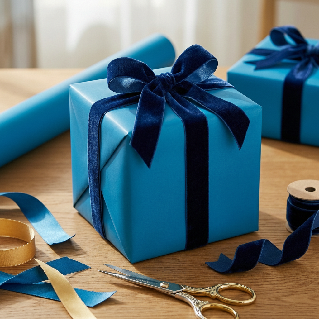 Solid turquoise wrapping paper with navy velvet ribbon and bow, crafting supplies, for elegant gift wrap.