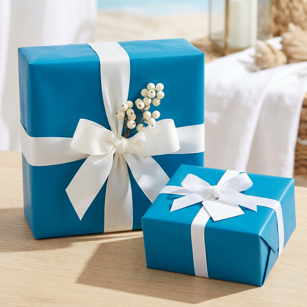 Two teal gifts wrapped in solid color paper with white ribbon and bow.
