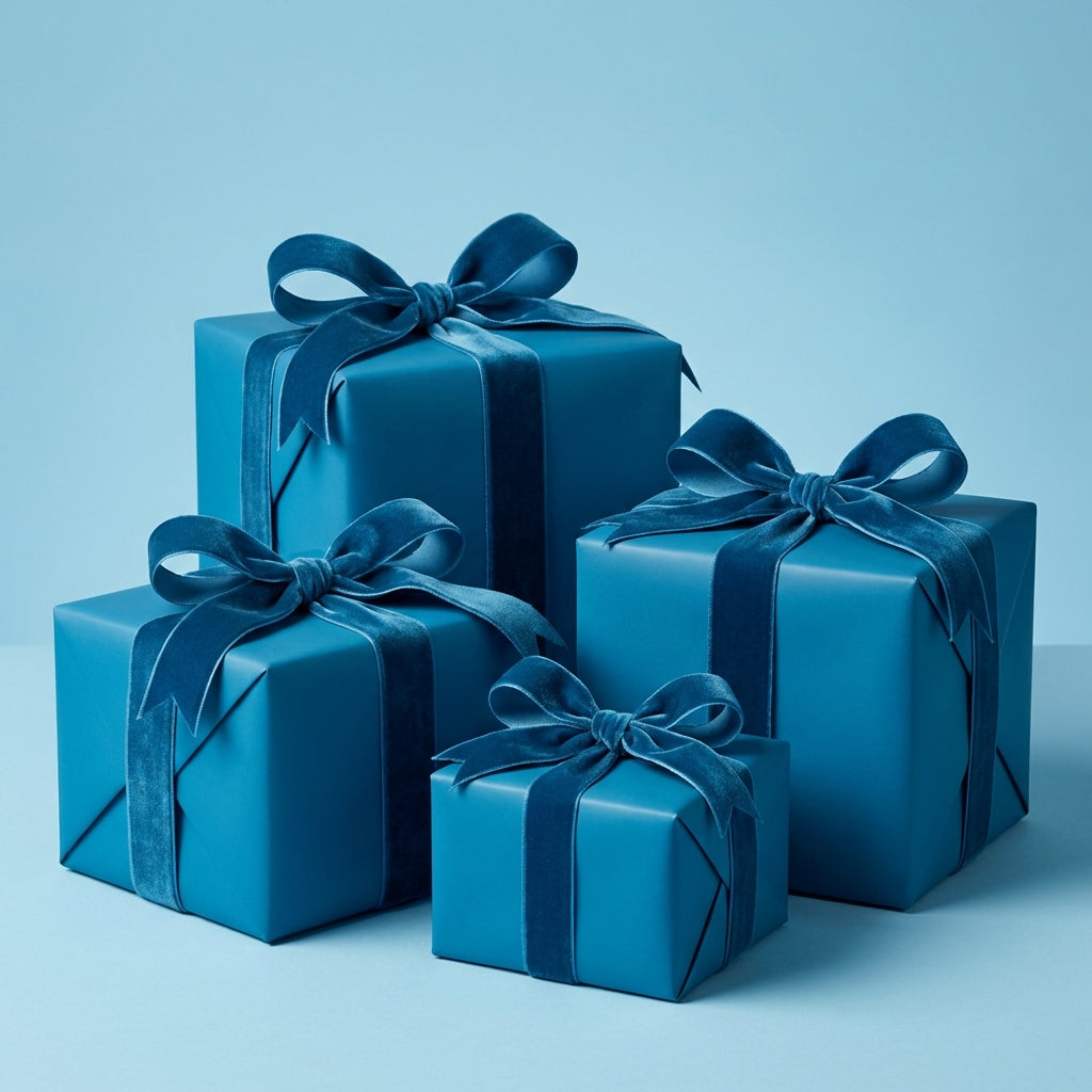 Elegant blue gift boxes wrapped in solid color paper with velvet ribbon bows for birthdays or Christmas.