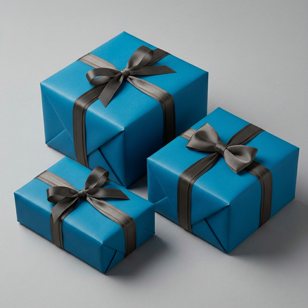 Three blue gifts wrapped with grey satin ribbon, perfect for birthdays or celebrations.