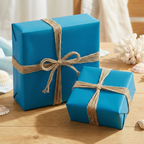 Teal gift boxes wrapped in twine; Coastal style wrapping paper for birthdays, baby showers, or nautical themed events.