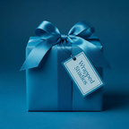 Elegant solid blue gift wrapping paper with satin ribbon bow and tag, perfect for birthdays or special occasions.