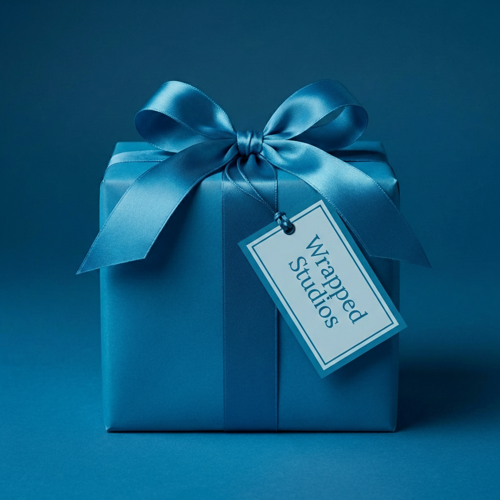 Elegant solid blue gift wrapping paper with satin ribbon bow and tag, perfect for birthdays or special occasions.