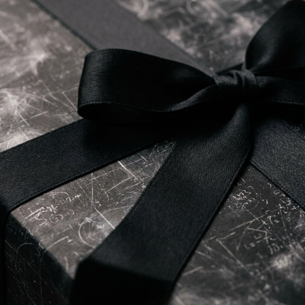 Luxury chalkboard math wrapping paper with a black satin ribbon bow by Wrapped Studios.