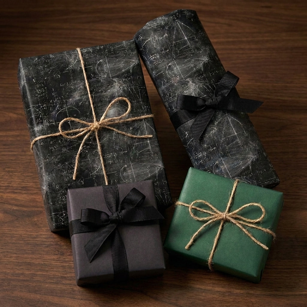 Chalkboard math and science wrapping paper on gifts with twine bows by Wrapped Studios.