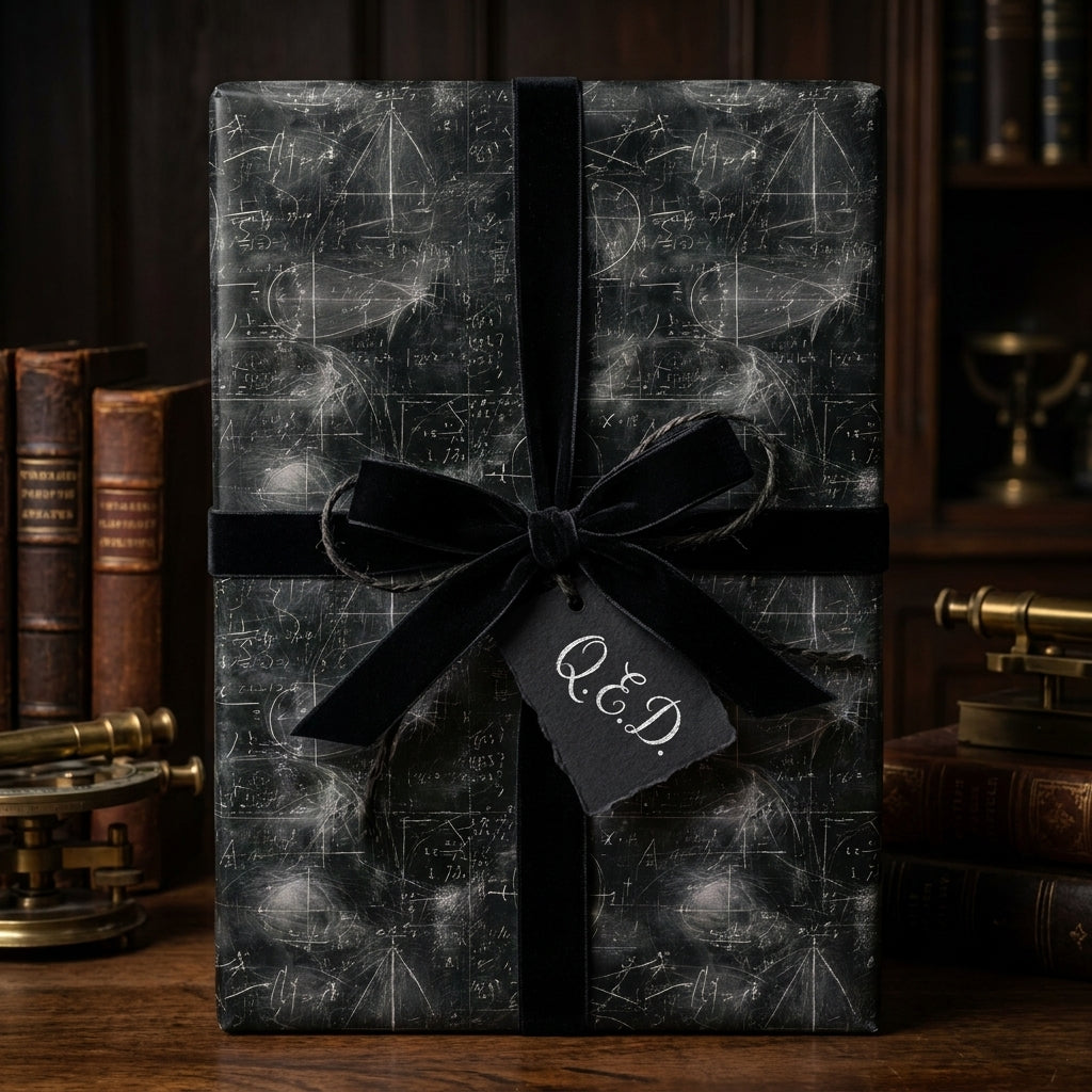 Dark academia math wrapping paper with blackboard equations, black velvet ribbon, and Q.E.D. tag by Wrapped Studios.