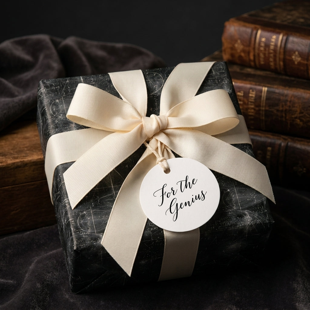Vintage chalkboard wrapping paper with a cream ribbon and 'For the Genius' tag by Wrapped Studios.