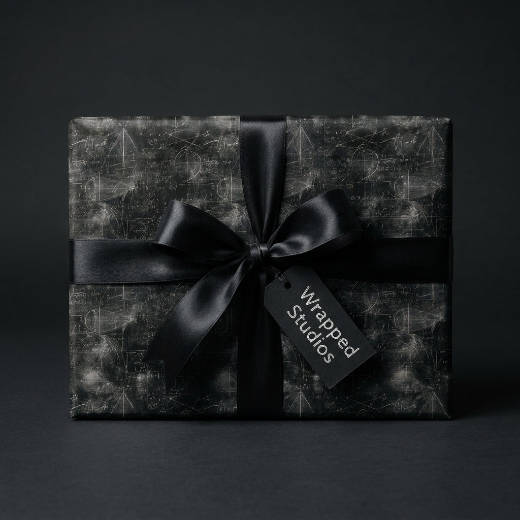 Luxury black wrapping paper with math and science chalkboard formulas, a satin bow by Wrapped Studios.