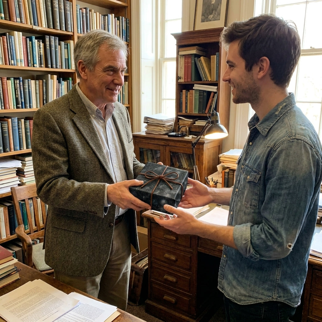Man gifting a present in luxury navy blue wrapping paper with a twine bow in a library. Wrapped Studios.