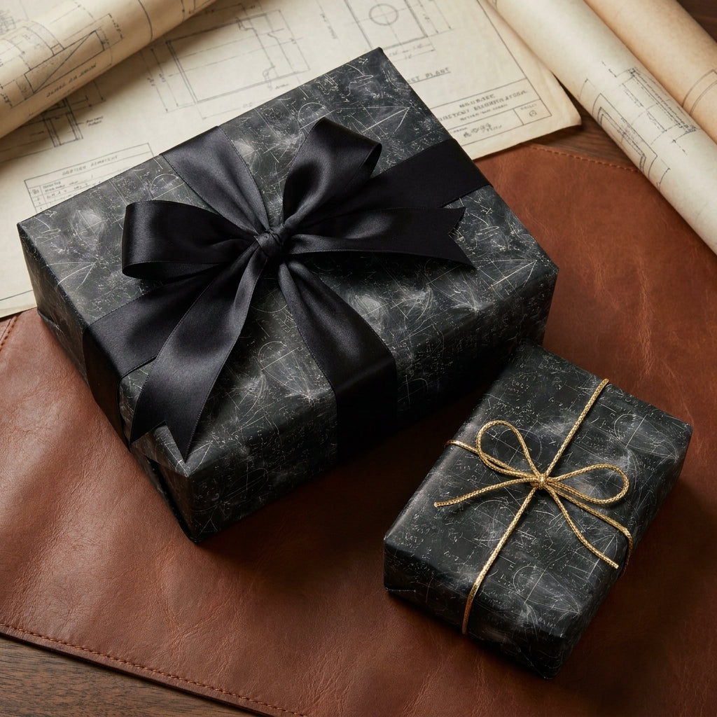 Black blueprint wrapping paper in luxury black with satin bow by Wrapped Studios.