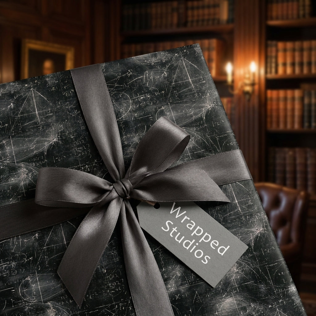 Chalkboard math equations wrapping paper with a dark grey satin ribbon and gift tag by Wrapped Studios.