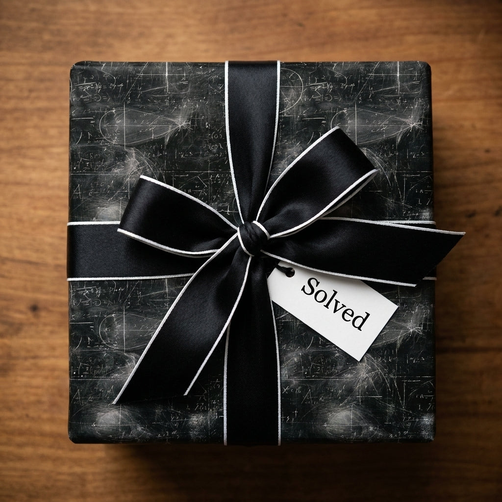 Math chalkboard wrapping paper with a black ribbon bow and 'Solved' tag, by Wrapped Studios.