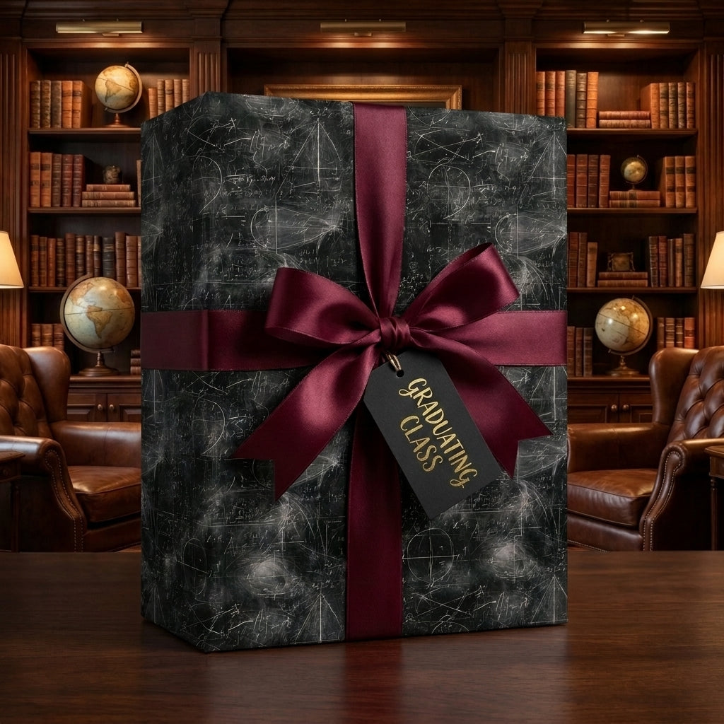 Graduation gift wrap with chalkboard math design, burgundy bow, and class tag by Wrapped Studios.
