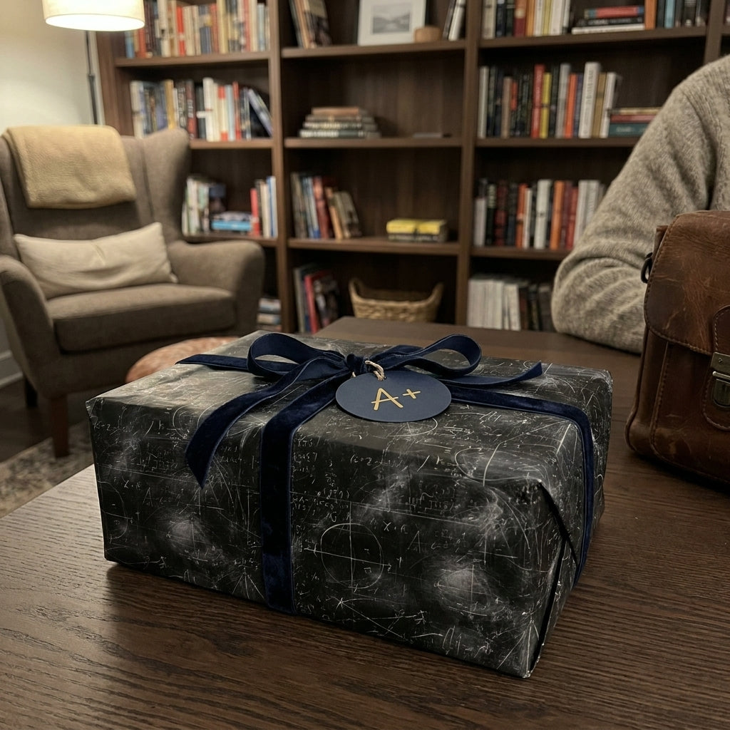 Chalkboard math wrapping paper with navy velvet ribbon and A+ tag for teacher gifts by Wrapped Studios.