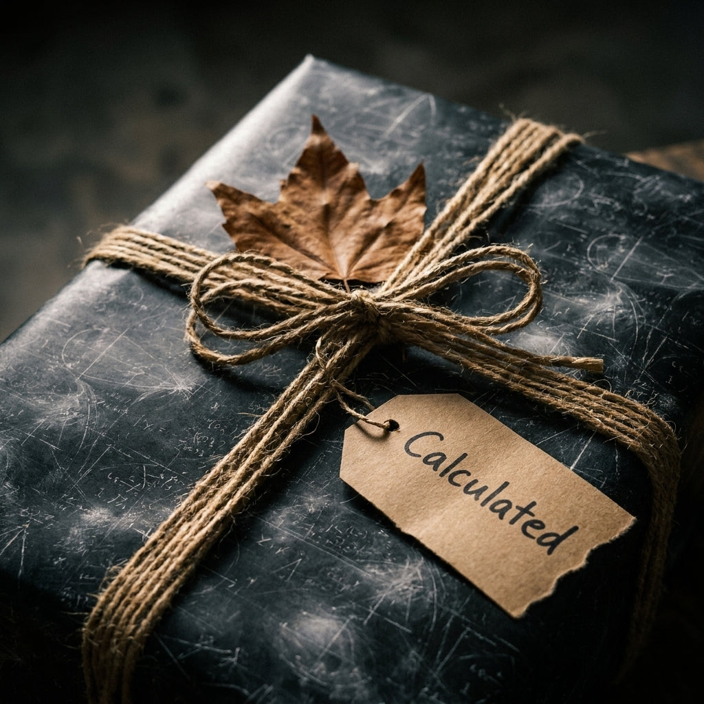 Chalkboard math wrapping paper with a rustic twine bow, leaf, and gift tag by Wrapped Studios.
