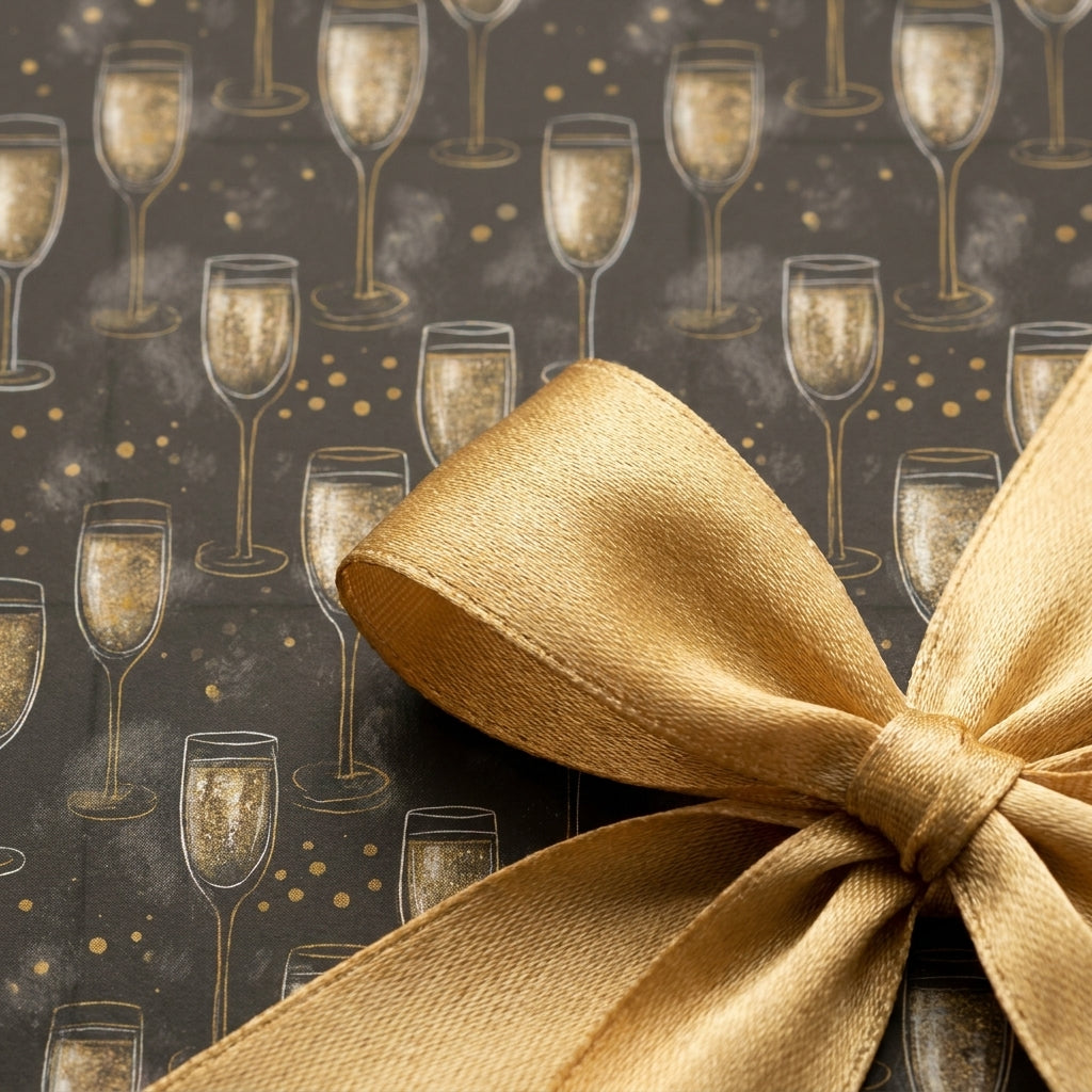 Champagne wrapping paper with gold satin bow, luxury New Year's Eve gift wrap by Wrapped Studios.