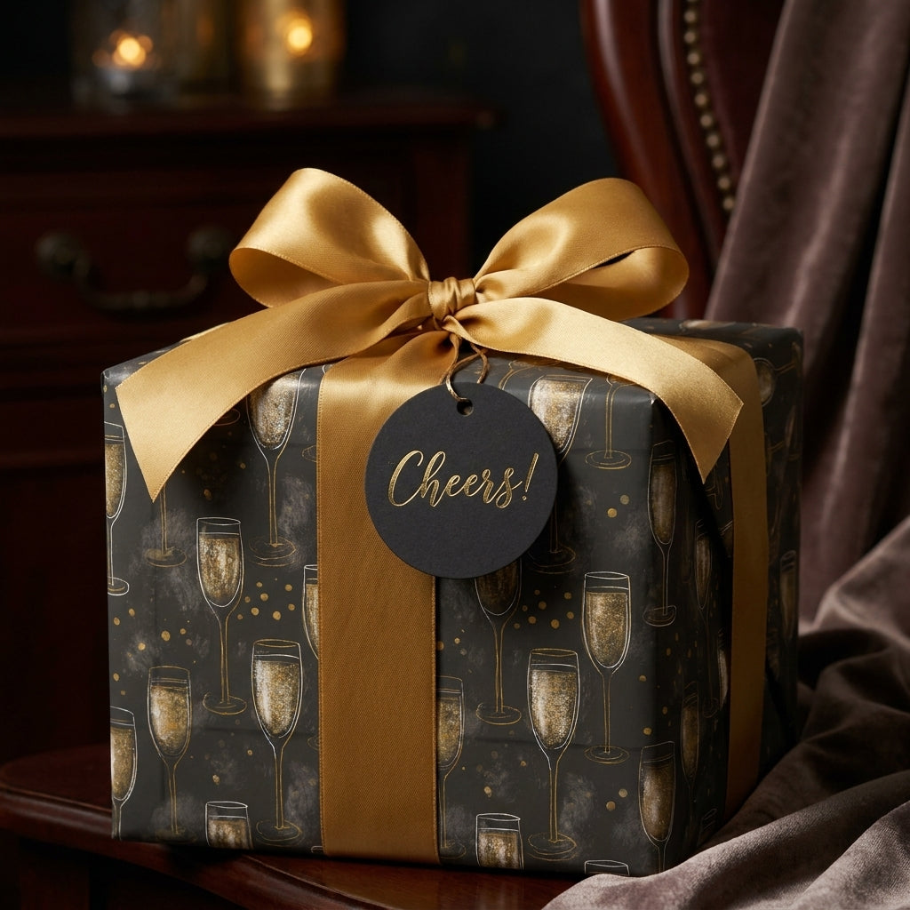 Luxury black and gold champagne wrapping paper with satin bow and Cheers tag by Wrapped Studios.
