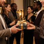 Luxury champagne wrapping paper with a gold bow on a gift exchanged at a party, by Wrapped Studios.