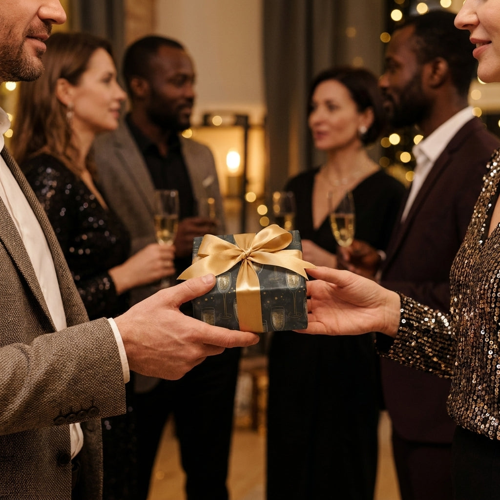 Luxury champagne wrapping paper with a gold bow on a gift exchanged at a party, by Wrapped Studios.