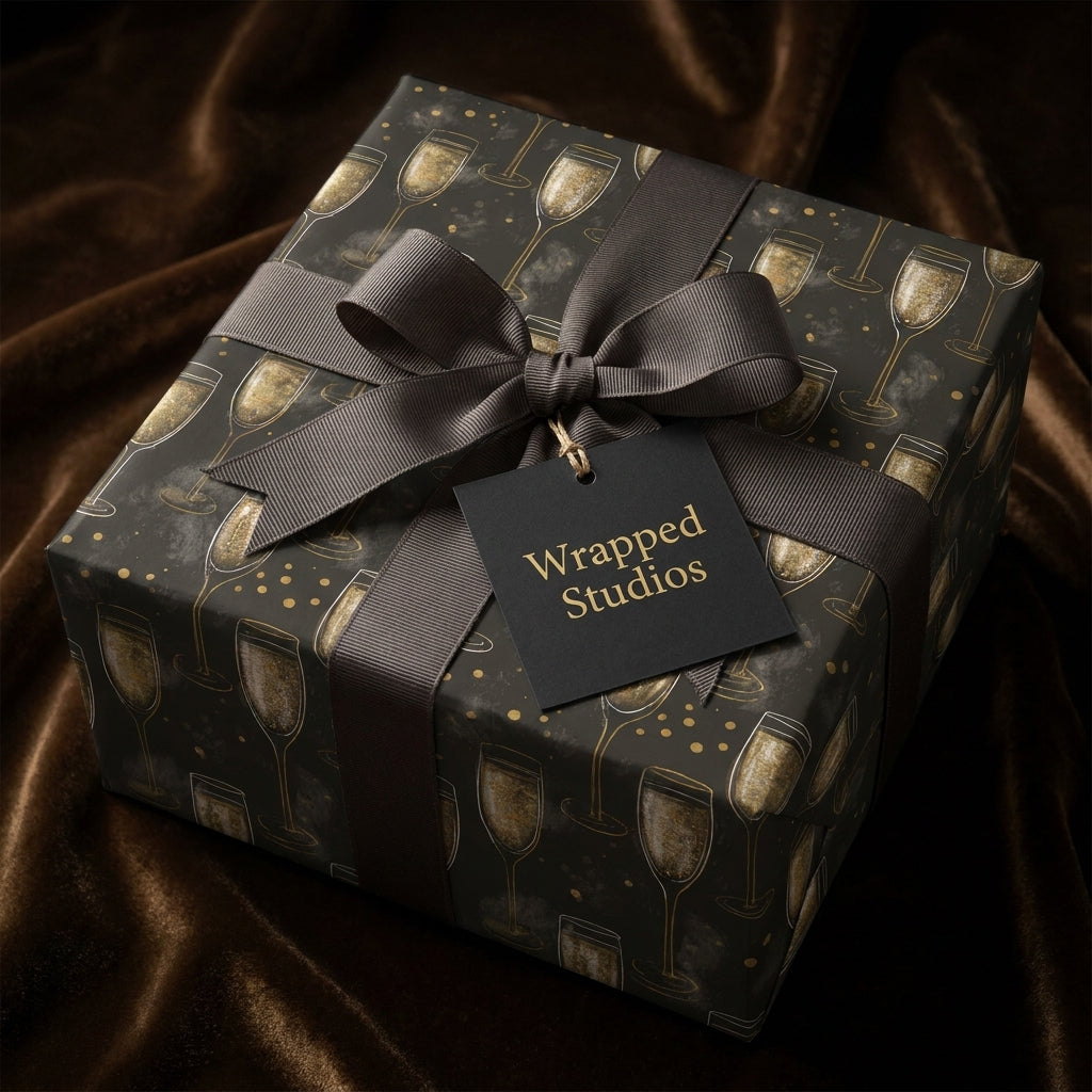 Luxury champagne wrapping paper with gold flutes and a brown ribbon bow by Wrapped Studios.