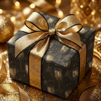 Luxury black and gold champagne wrapping paper with metallic ribbon, by Wrapped Studios.
