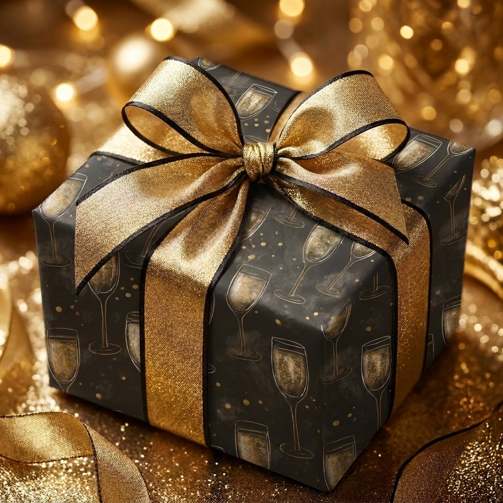 Luxury black and gold champagne wrapping paper with metallic ribbon, by Wrapped Studios.