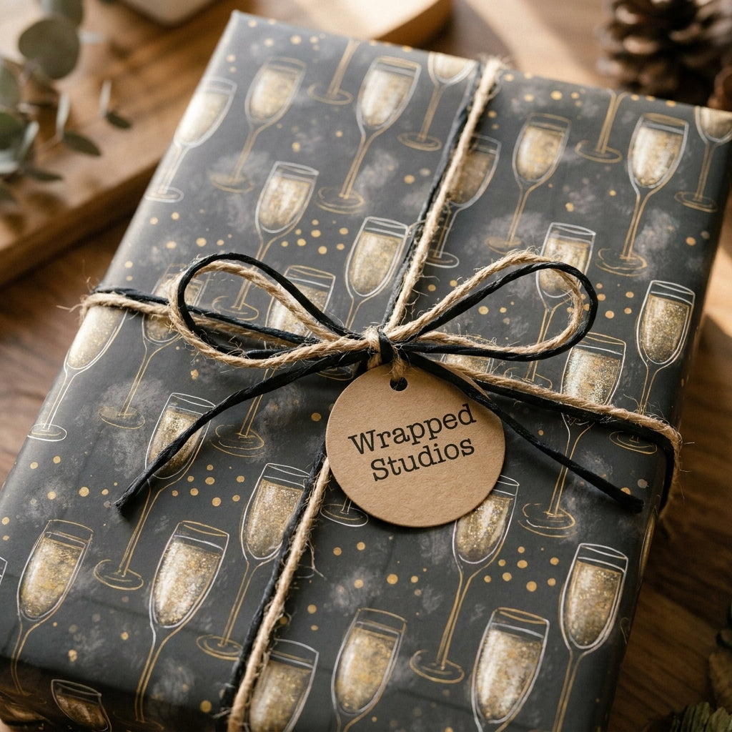 Luxury champagne wrapping paper in black and gold with a rustic twine bow and Wrapped Studios tag.