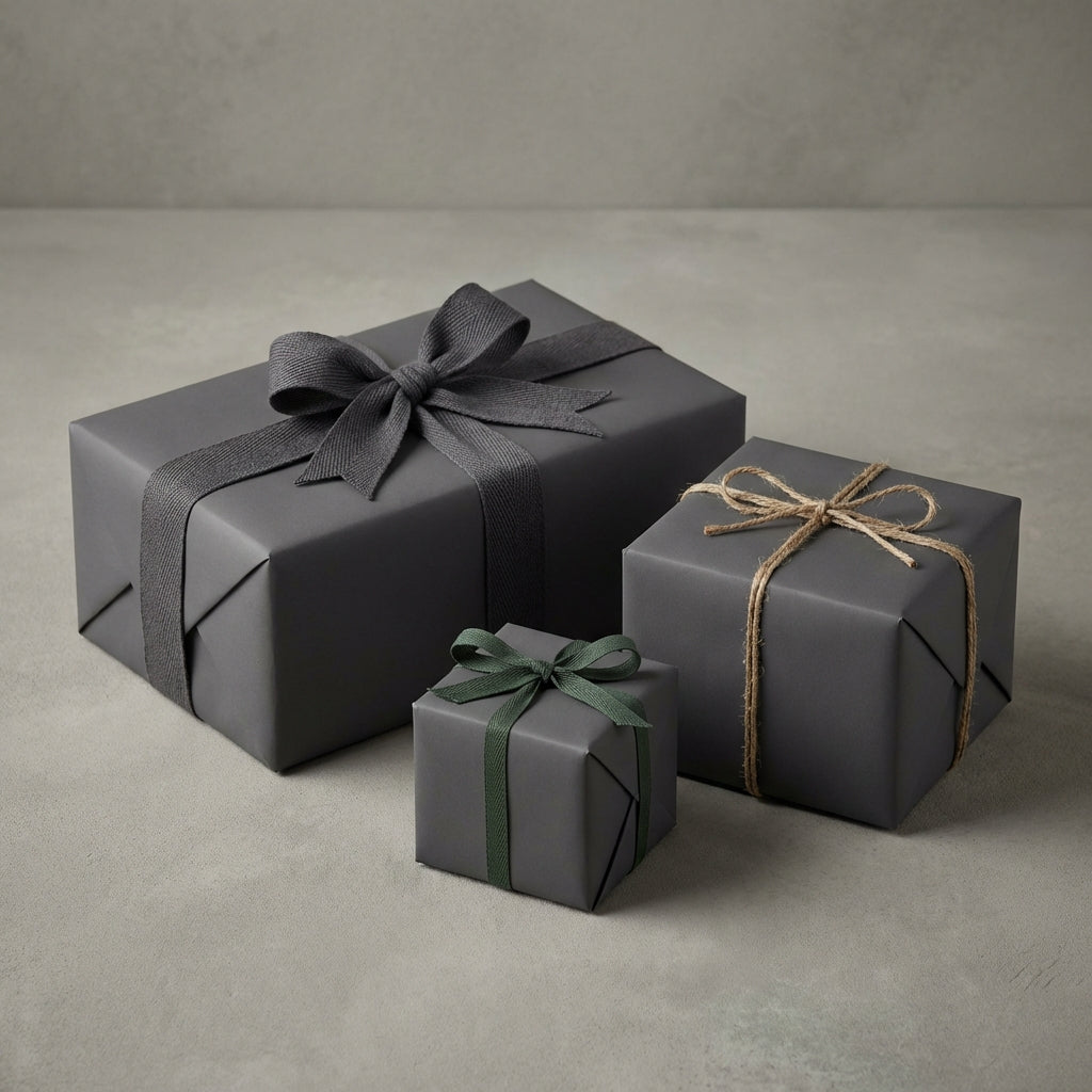 Three gray gift boxes with decorative ribbons on a neutral background. Charcoal gift wrap.