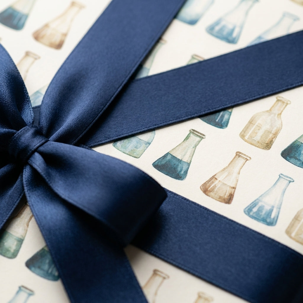 Science wrapping paper with watercolor chemistry beakers and a navy satin ribbon by Wrapped Studios.