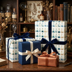 Science wrapping paper with vintage chemistry beaker pattern and velvet ribbons by Wrapped Studios.