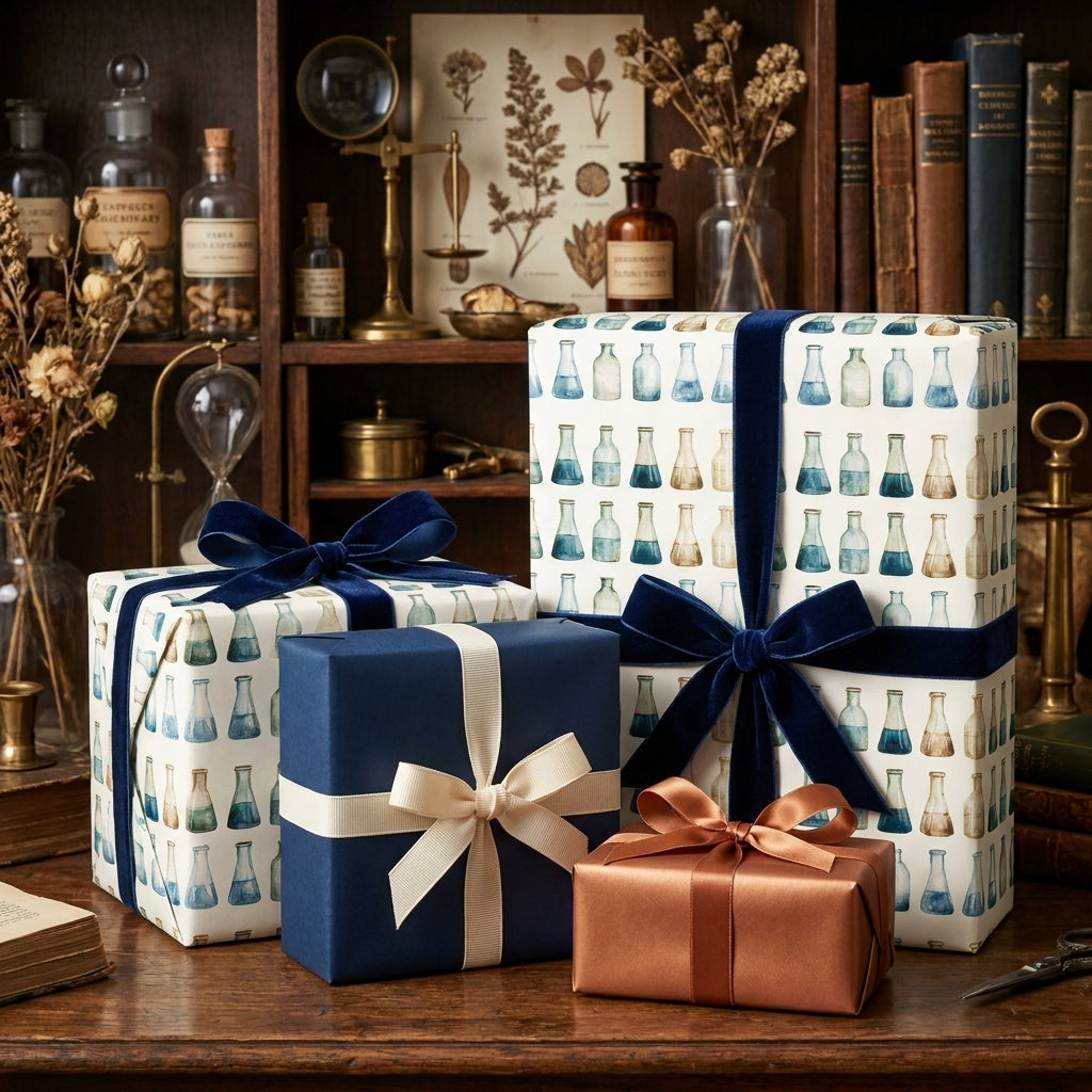 Science wrapping paper with vintage chemistry beaker pattern and velvet ribbons by Wrapped Studios.