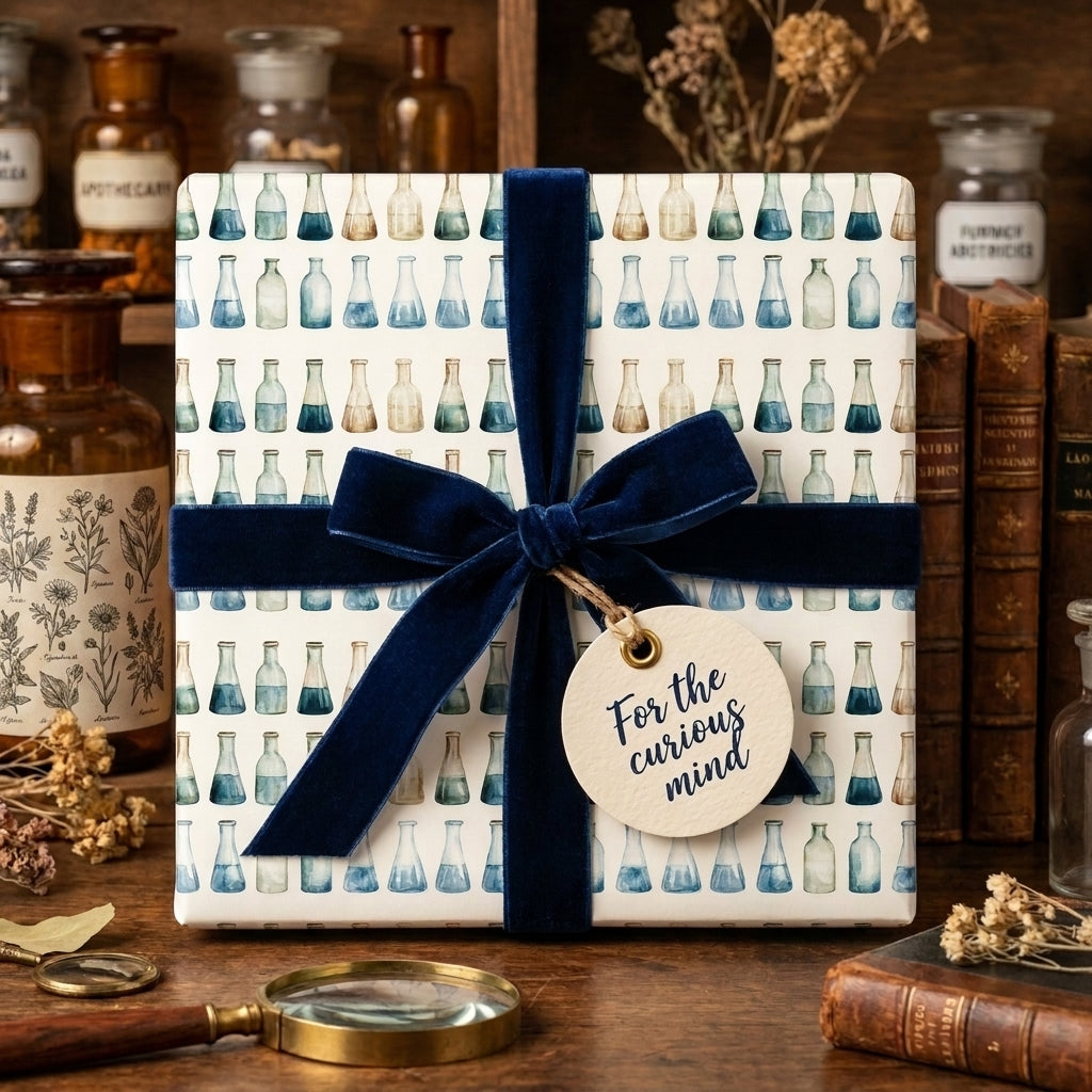 Science gift wrap with watercolor chemistry flasks and a navy velvet ribbon by Wrapped Studios.