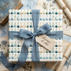 Science chemistry gift wrap featuring watercolor beakers and a blue ribbon by Wrapped Studios.