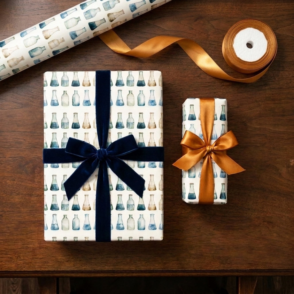 Science wrapping paper with watercolor chemistry beakers on gifts with velvet and satin bows by Wrapped Studios.