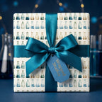 Science chemistry wrapping paper with watercolor flasks and a teal satin bow by Wrapped Studios.