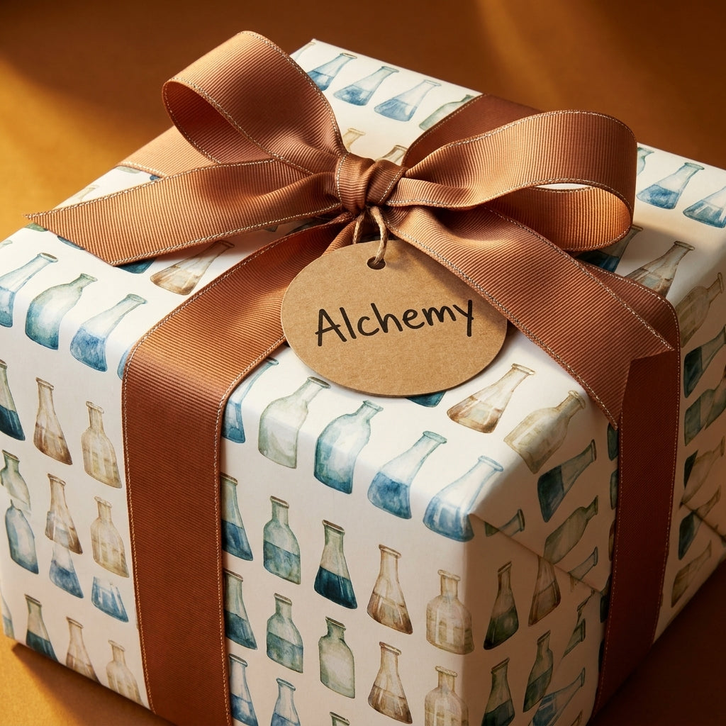 Science apothecary wrapping paper with brown ribbon and Alchemy tag by Wrapped Studios.