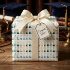 Science and chemistry graduation gift wrap with beaker pattern and cream ribbon bow by Wrapped Studios.