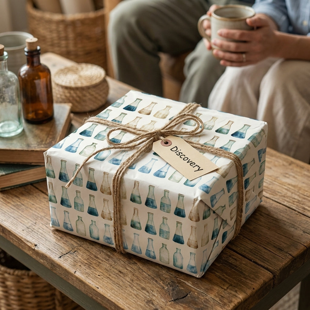 Science wrapping paper with watercolor chemistry flasks on a rustic gift box by Wrapped Studios.