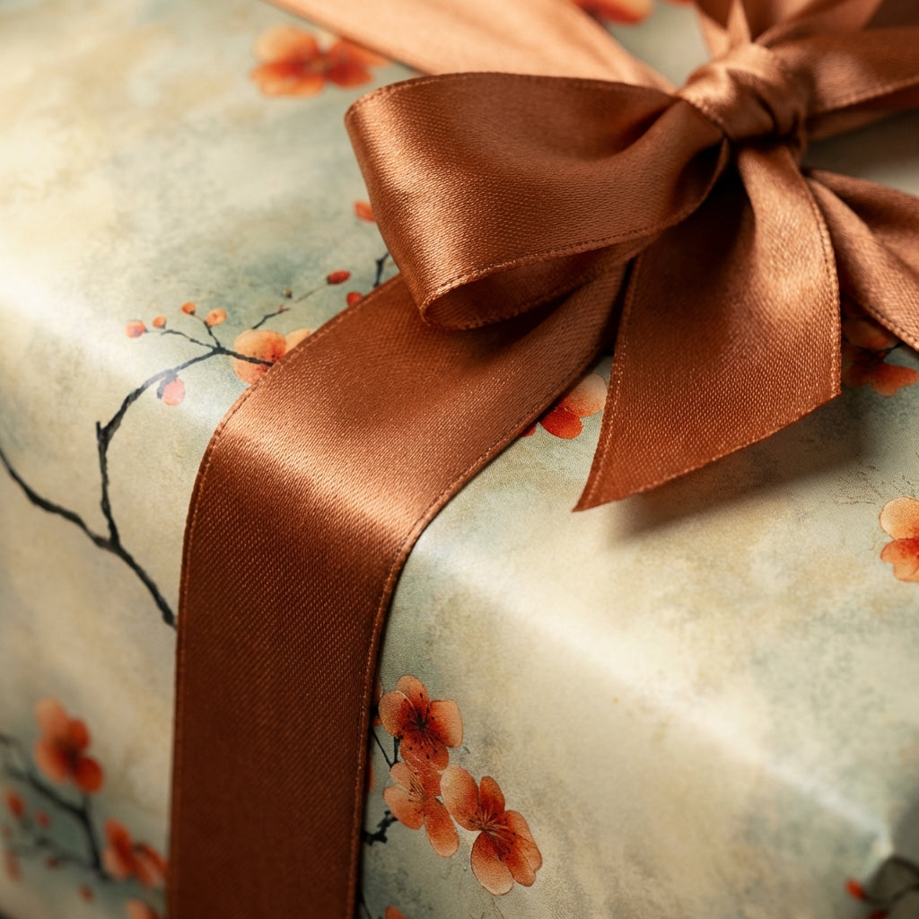 Elegant floral wrapping paper with a bronze ribbon, perfect for a special birthday gift.