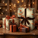 Elegant floral wrapping paper with brown velvet ribbon, perfect for Christmas gifts.