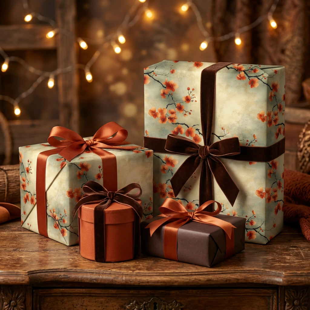 Elegant floral wrapping paper with brown velvet ribbon, perfect for Christmas gifts.