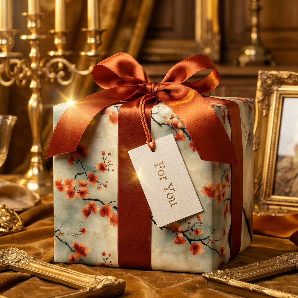 Elegant floral wrapping paper with copper bow and "For You" tag, ideal for birthdays or special occasion gifts.