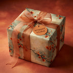 Wrapped Studios luxury gift wrap with coral floral pattern and satin ribbon.