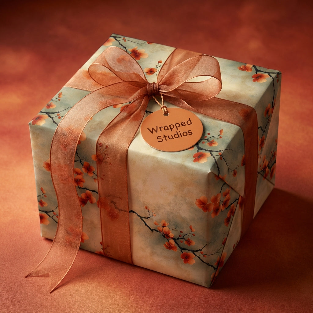 Wrapped Studios luxury gift wrap with coral floral pattern and satin ribbon.