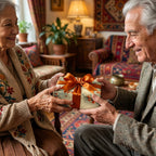 Elderly couple exchanging a gift wrapped in floral pattern paper with a copper ribbon.