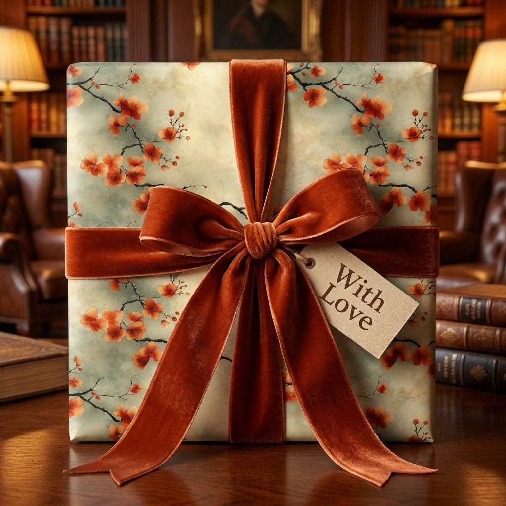 Elegant floral wrapping paper with rust velvet ribbon bow, tag reads "With Love."