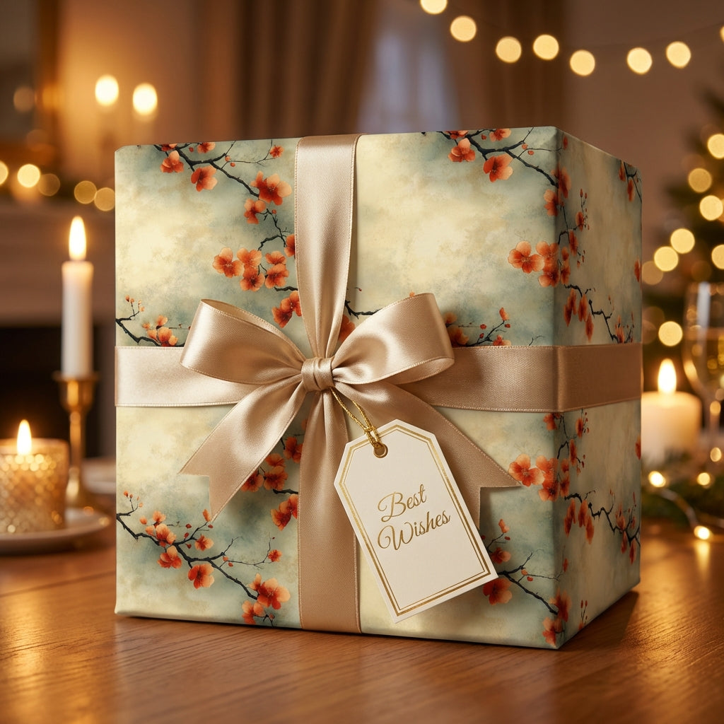Elegant floral wrapping paper with a gold ribbon and "Best Wishes" tag, perfect for holiday gifts from Wrapped Studios.
